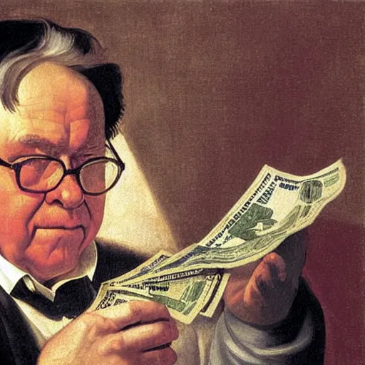 Prompt: Warren Buffet holding dollar bills looking at a line graph. Painted by Caravaggio, high detail