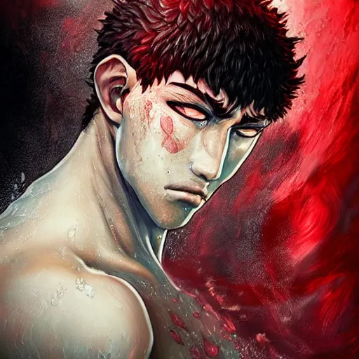 Prompt: portrait of guts from berserk submerged in red water, extremely detailed, made by wlop, maxwell boas, Sakimi chan