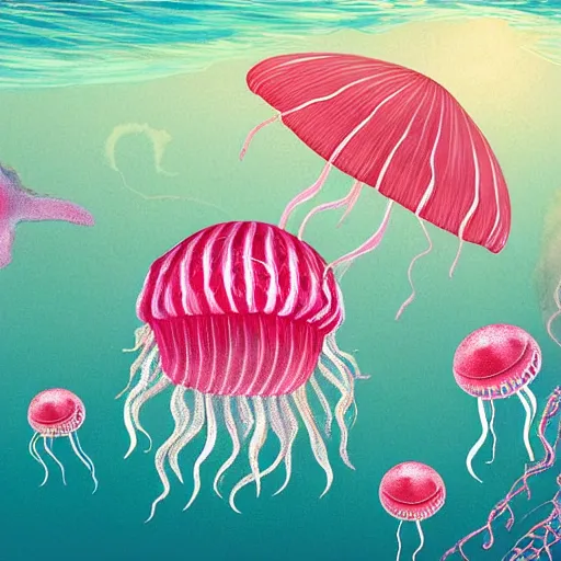 Prompt: hyperdetailed photorealistic! national geographic modern childrenbook illustration of an elaborated transparent!!! rose and white jellyfish, swimming in the ocean. seen from the distance. transparent soft natural tones. matte background