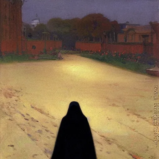 Image similar to Back view of the grim reaper, thin black robe, curvy, peach emoji, death himself, elegant, deep shadows, award winning, by Ilya Repin, deviant art