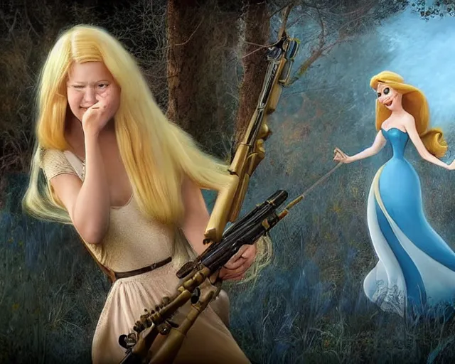 Prompt: disney princess with long blonde hair versus m 9 0 sniper rifle : : weta disney pixar movie still photo : : hi - fructose, decadent highly - detailed digital painting, golden ratio, octane render, artstation, smooth, sharp focus, artgerm, mucha, loish, wlop