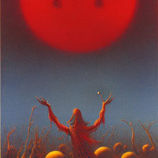 Prompt: crimson devils dancing around a pyre, a small moon is in the sky, by Zdzisław Beksiński