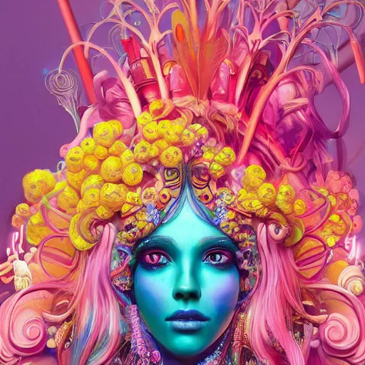 Image similar to a photograpic portrait of a anthropomorphic mimosa wearing colorful neon clothes, fantasy, intricate, elegant, highly detailed, digital painting, artstation, concept art, smooth, sharp focus, illustration, art by artgerm and H R Giger and alphonse mucha