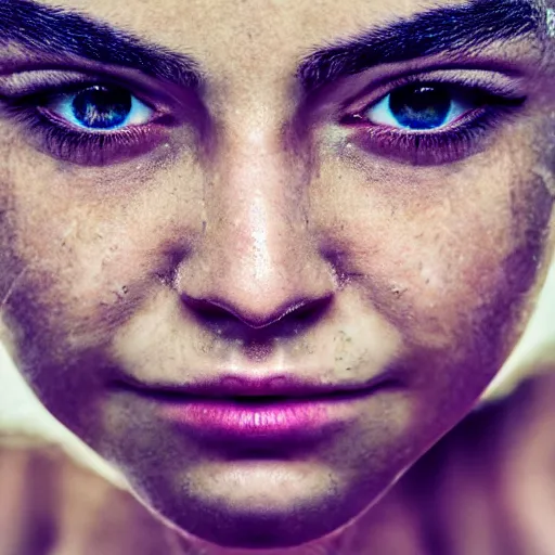 Image similar to an amazing photo, extreme close-up of the face of a young woman exercising, award winning photo, very detailed, cinematic, beautiful lighting effects