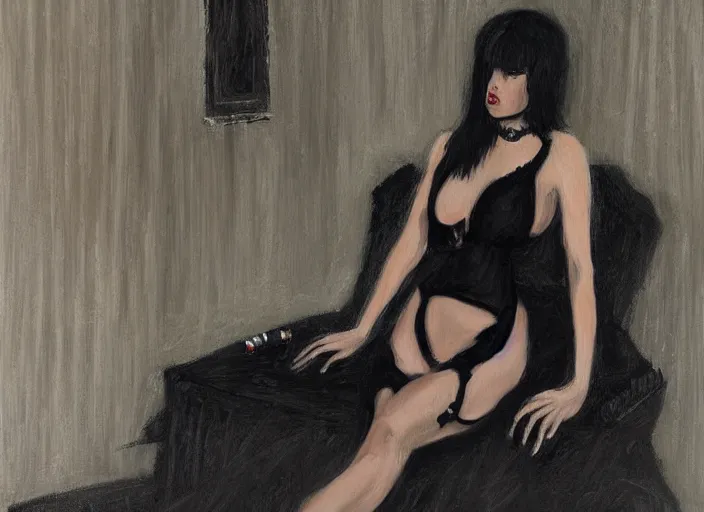 Image similar to a beautiful woman in a black lace swimsuit, smoking a cigarette, in a dark room, by iryna yermalova
