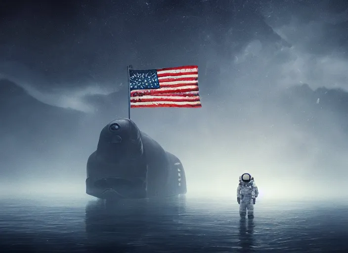 Image similar to astronaut holding a flag in an underwater desert. a submarine is visible in the distance. dark, concept art, cinematic, dramatic, atmospheric, 8 k, trending on artstation, blue, fish, low visibility, fog, ocean floor, christopher nolan, interstellar