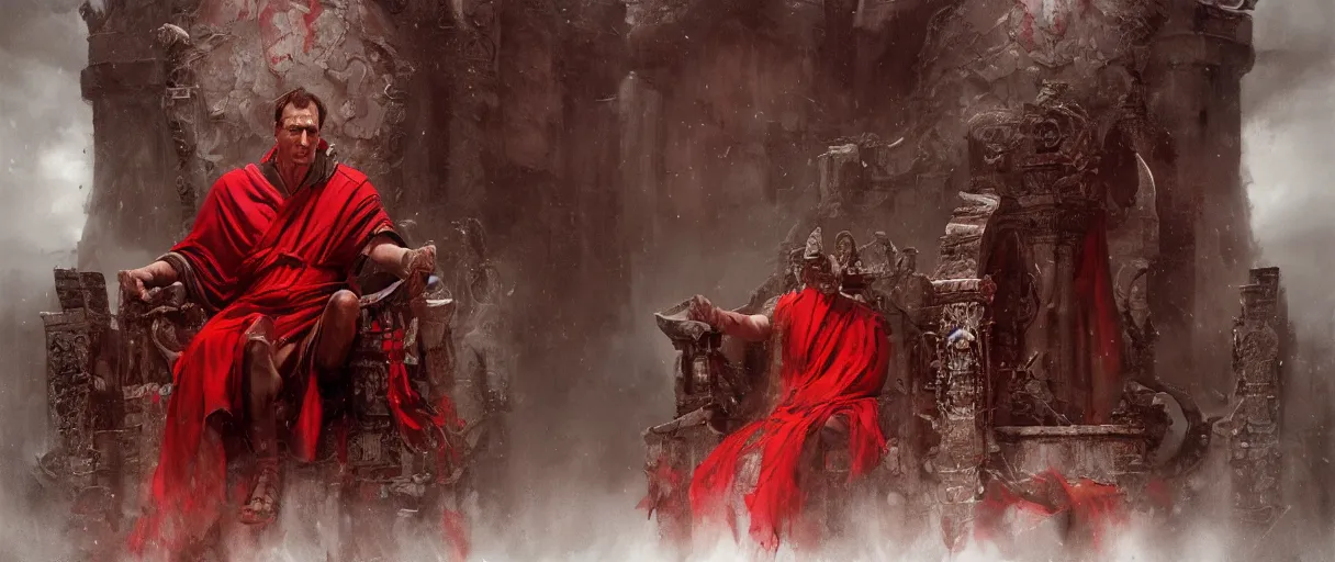 Image similar to the end is near. a tired julius caesar is sitting on his throne. face is highly detailed. splices of red are running down his toga. mist. color scheme red. low angle medium shot. imagined by greg rutkowski and andreas rocha