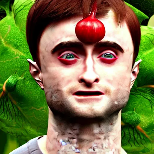 Image similar to hybrid of daniel radcliffe and a!! radish!!, film still,!! red skin!!,!! leaf ears!!, daniel radish, makeup, unreal engine 5, seeds, 8 k, trending on artstation