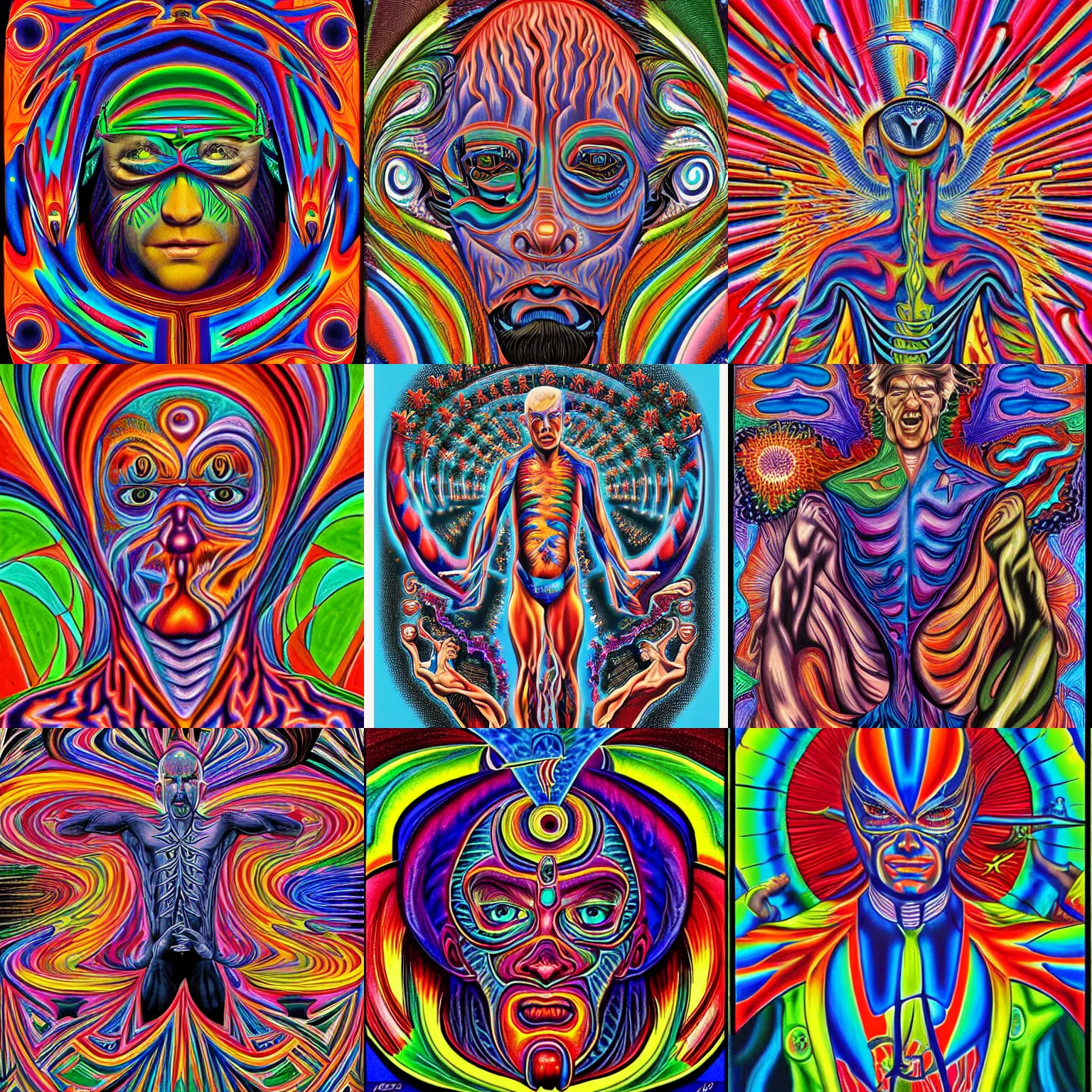 Prompt: 🇺🇲 🐎 🧙🏻♂ 🤯 surrealist maximalist in the style of alex grey
