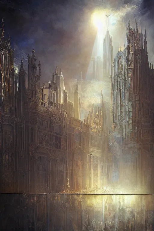 Prompt: city made out of fractured glass, intricate, elegant, sun shining through, art by rembrandt, tom bagshaw, and quentin mabille