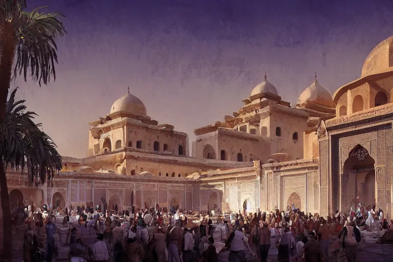 Prompt: Huge Persian white temple in a plaza, round roof. At night low angle in the middle of a adobe house kasbah town, mud and brick houses, merchant street, pueblo dense architecture, colorful crowd. Scenic view at night, underexposed, clean horizon, matte painting by craig mullins and dan mumford, dark fantasy, style of game of thrones, concept art trending on artstation, 4k, insane details