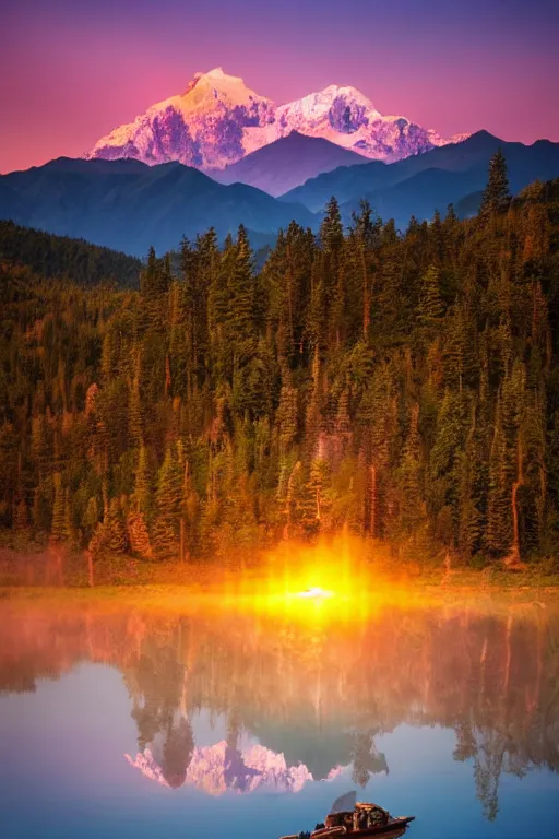 Prompt: breathtaking himalayan landscape, pastel sunset, lake, realistic reflections, pine trees, hot air balloon, last light on mountain top, dreamy colors, photorealistic, landscape photography, beautiful, 4 k, trending on artstation, serene, blissful, national geographic