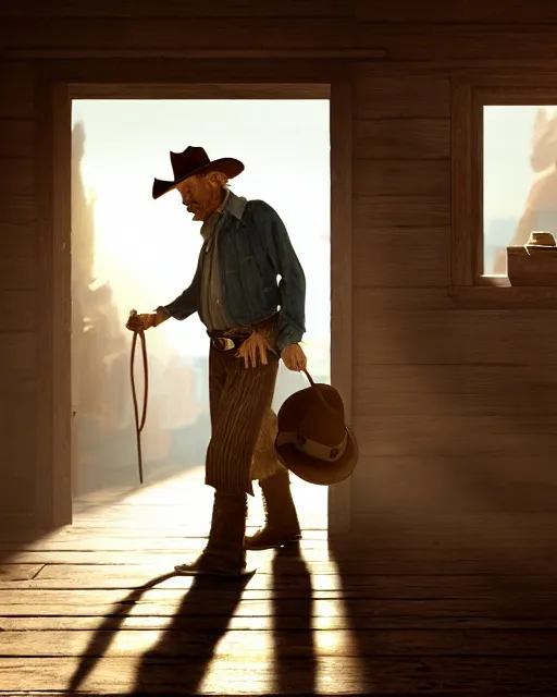 Prompt: an old cowboy walking through the door of a bustling, crowded. saloon, wild west, sunset lighting, dusty, sunbeams. digital illustration, colors, soft lighting, adventurous, atmospheric lighting, 8K, octane render. By Makoto Shinkai, Stanley Artgerm Lau, WLOP, Rossdraws, James Jean, Andrei Riabovitchev, Marc Simonetti, krenz cushart, Sakimichan, D&D trending on ArtStation, digital art.