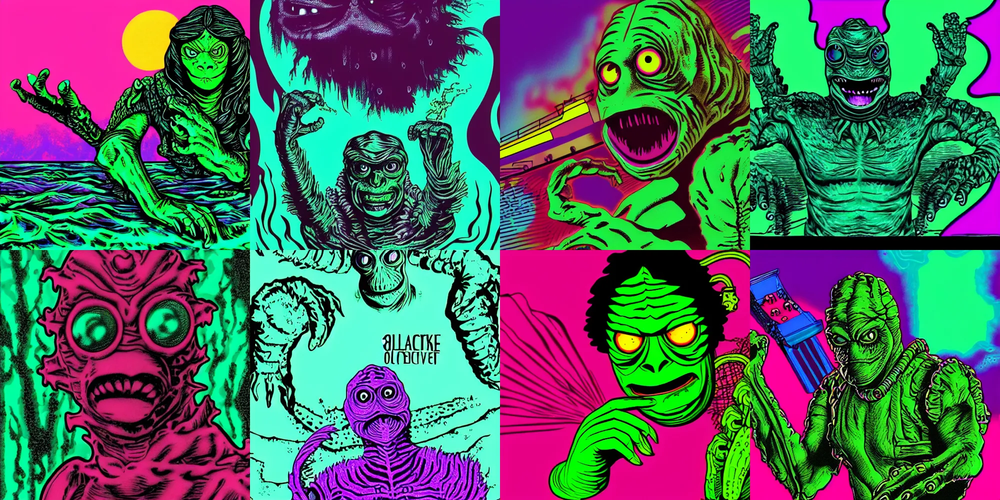 Prompt: creature from the black lagoon with an 8 0 s synthwave background