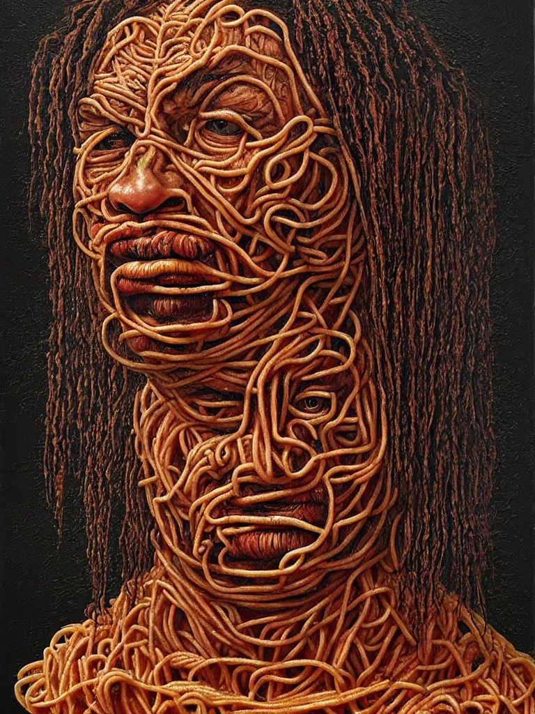 Prompt: virgil van dijk made of spaghetti, by giuseppe arcimboldo and ambrosius benson, renaissance, intricate and intense oil paint, a touch of beksinski and hr giger and edward munch, realistic