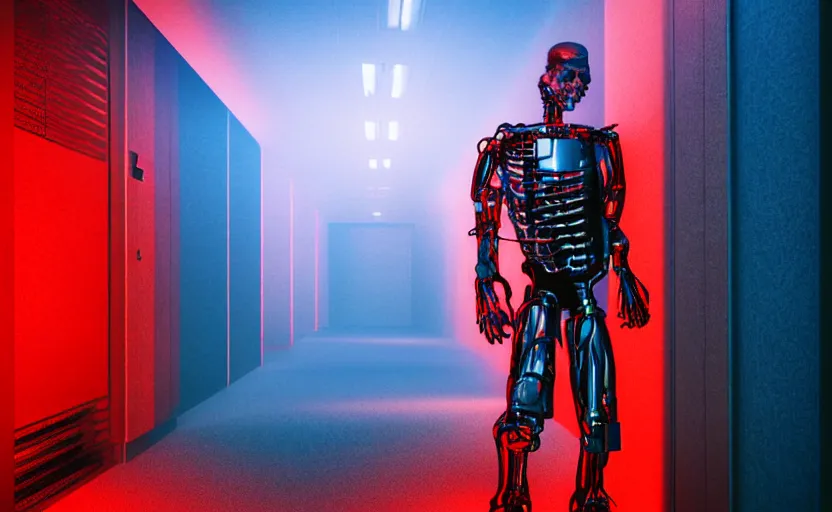 Prompt: terminator without flesh, staying in front of server room. extreme long shot, high detail, low saturated red and blue light, cinematic colors