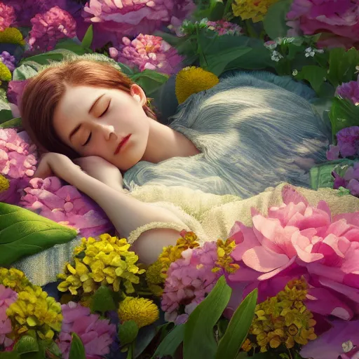 Image similar to girl sleeping on a big flower, illustrated painting, incredible details, highly detailed, photorealistic, disney pixar, smooth, octane render, iridescent, 8 k