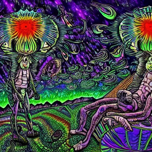 Image similar to Joe Rogan and Aliens tripping on psychedelic mushrooms, hyperdetailed, realistic, nature