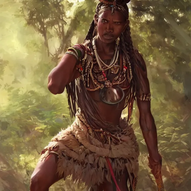 a tribal warrior in the forest, african. By Makoto