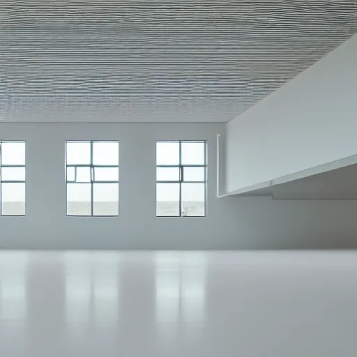 Image similar to a large room with surreal minimalist architecture partially flooded by slightly green water, liminal space, made of all white ceramic tiles, surreal, hallways, rounded ceiling, stairs,