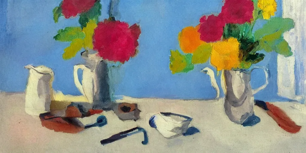 Image similar to flowers in jug, notebook, spoon on a table, still life on a table in the style of ivon hitchens and winifred nicholson. oil painting, beautiful, minimal