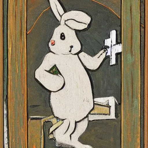 Image similar to a rabbit holding a cross, in front of an old wooden russian church, in the style of ilya repin