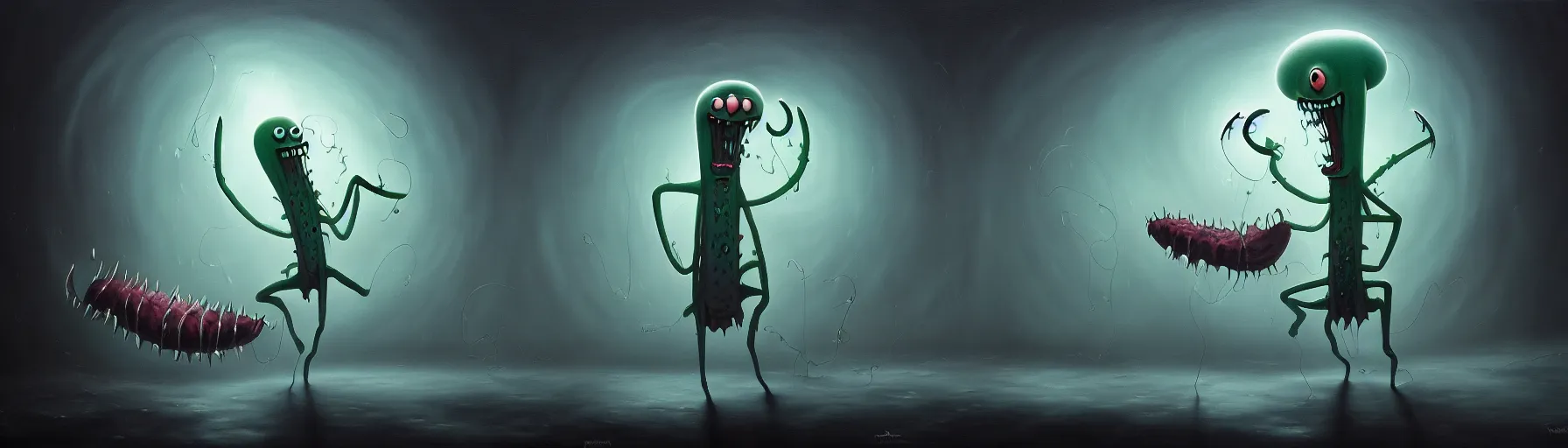 Prompt: goofy whimsical demon plankton from the depths of the collective unconscious, dramatic lighting, detailed and atmospheric surreal darkly painting by ronny khalil