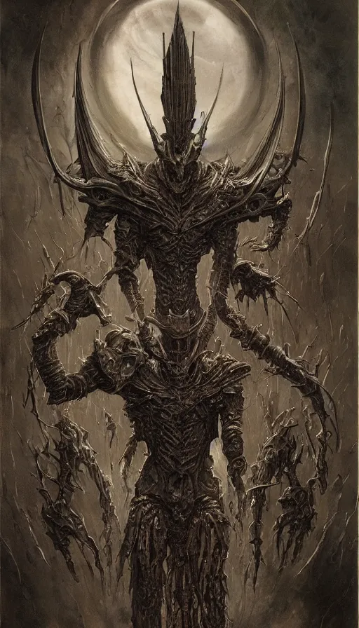 Image similar to Scorn themed painting of symmetrical torso abyssal darkness armor anatomy with armored bat wings and extended evil hands concept, intricate artwork by H.R. Giger, Johnatan Wayshak, Zdizslaw Beksinski, Ayami Kojima, Amano, Karol Bak, Moebius, and Mark Brooks, Neo-Gothic, gothic, rich deep colors, art by Takato Yamamoto, masterpiece, face by Artgerm, very coherent artwork, cinematic, hyper realism, high detail, octane render, unreal engine, 8k, High contrast, golden ratio, trending on cgsociety