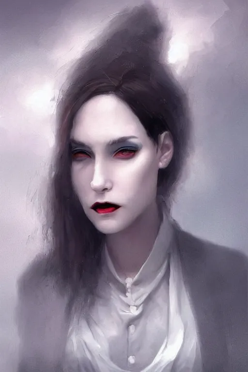 Prompt: a photo-realistically painted portrait of a singular lady vampire!!!!, dressed in a suit, perfect face!!!, beautiful eyes!!, digital painting, concept art, minimal artifacts, volumetric lighting, Artgerm, and William-Adolphe Bouguerea, in the style of Tom Bagshaw, cinematic!!, stunning!, trending on Artstation!, award-winning art!!!