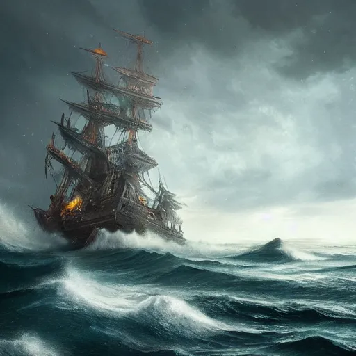 Image similar to An ancient burning ship on a stormy sea, matte painting, highly detailed, trending on artstation