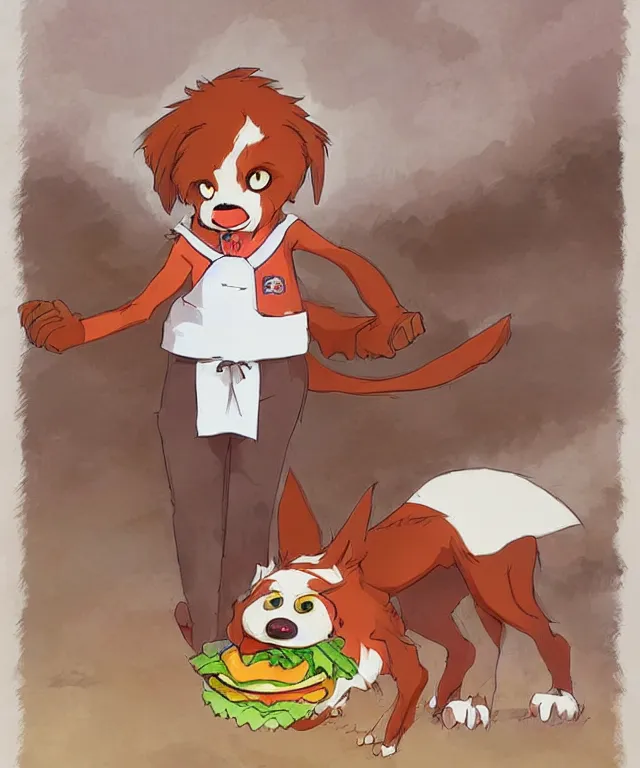 Image similar to a cute anthropomorphic hellhound fast food server in the style of studio ghibli trending on artstation deviantart pinterest detailed realistic hd 8 k high resolution