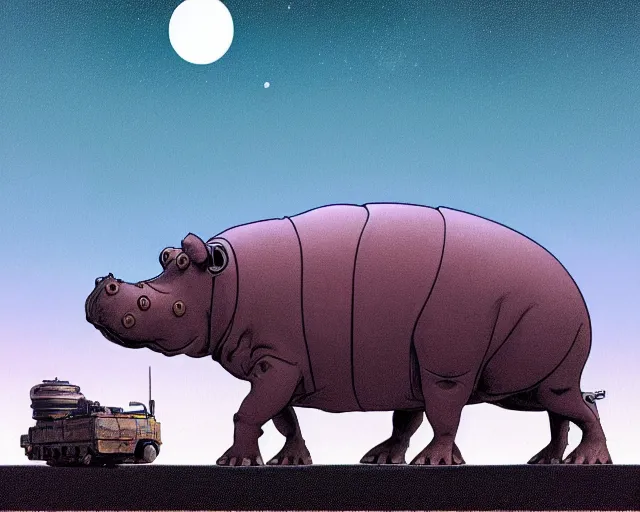 Image similar to a study of cell shaded cartoon of a mechanical hippo on a desert road, in front of a big moon illustration, wide shot, subtle colors, post grunge, concept art by josan gonzales and wlop, david rubin, mike mignola, laurie greasley, highly detailed, sharp focus, trending on artstation, hq, deviantart, art by artgem