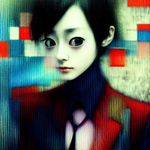 Image similar to yoshitaka amano blurred and dreamy realistic three quarter angle portrait of a young woman with short hair and black eyes wearing office suit with tie, junji ito abstract patterns in the background, satoshi kon anime, noisy film grain effect, highly detailed, renaissance oil painting, weird portrait angle, blurred lost edges