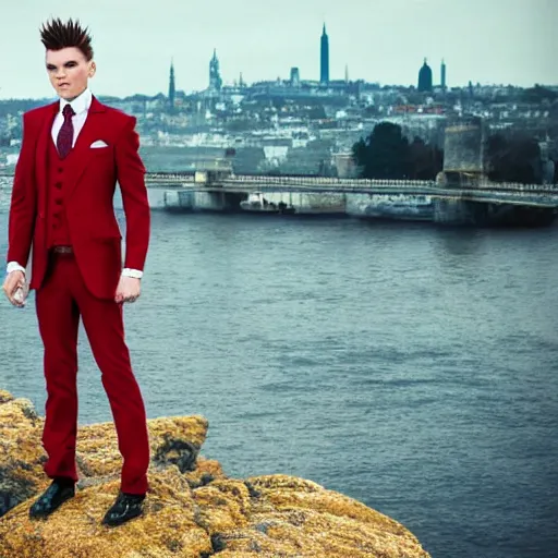 Prompt: photograph of Ruby Rose with spiky red hair and wearing gold contact lenses and dressed in a blue men's suit with a yellow tie, standing on a stone bridge with a fantasy city of tall stone towers in the background