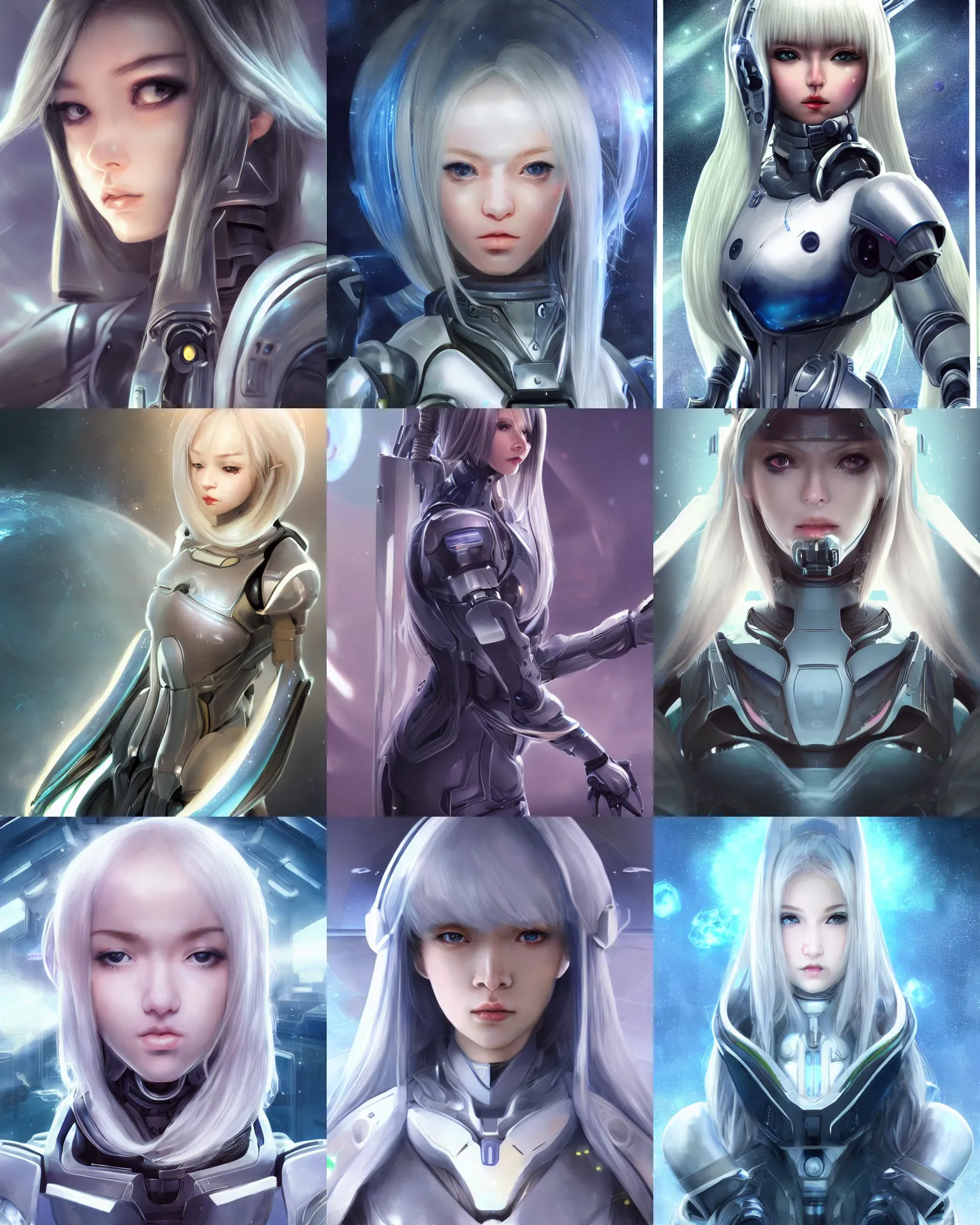 Prompt: perfect android girl, warframe armor, beautiful face, scifi, futuristic, space station, laboratory, kwak ji young, dreamy, long white hair, blue cyborg eyes, cinematic lighting, innocent, highly detailed, sharp focus, artstation, aura, divine, by gauthier leblanc, kazuya takahashi, huifeng huang, jama jurabaev