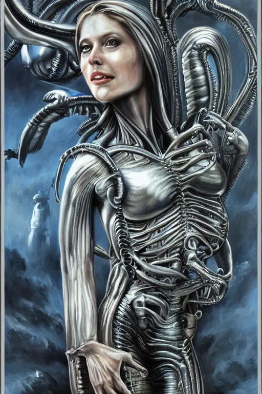 Image similar to beautiful young gillian andersom with alien xenomorph queen by h.r. giger, detailed, proportional, trending on art station, 4k