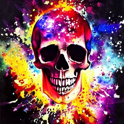 Prompt: watercolor art on paper, skull with explosions all around, highly detailed, artstation, masterpiece, award - winning