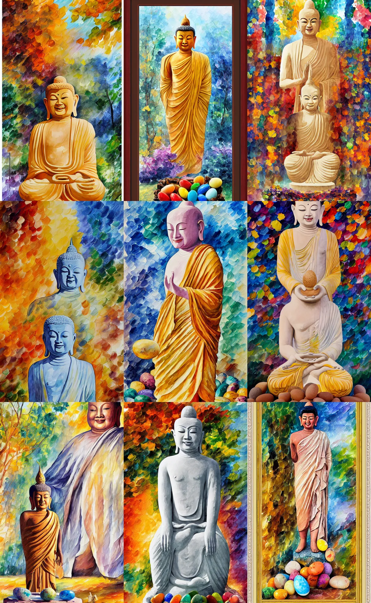 Prompt: watercolour painting of a standing smiling thai budha stone statue, long tunic, barefoot, holding in the hands beautifully painted easter eggs, by wes anderson by leonid afremov by ivan bilibin, muted colors, framed subject