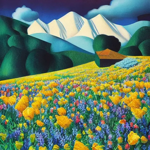 Prompt: mountain landscape in summer, flowers, teal landscape, dreamy light, sunny complementary palette, by and jacek yerga and tamara de lempicka and jesse king, pop surrealist, wiccan