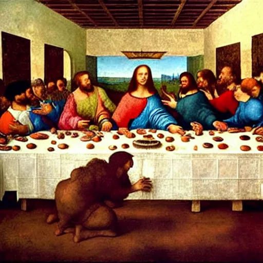 Image similar to A renaissance painting by Leonardo da Vinci that looks like The Last Supper, of a long table, but every character is a baby and the only type of food on the table is milk. There are many bottles of milk on the table. Detailed, realistic, artstation, symmetrical composition