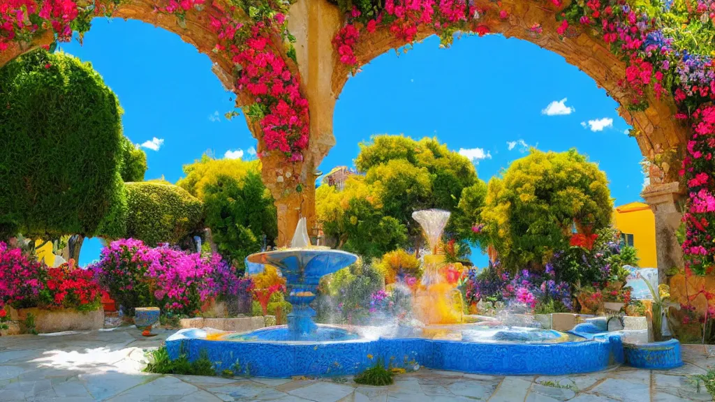 Prompt: andalusian patio full of flowers, colorful surrealist composition, fountain inside, dreamy scenario, sunny sky, open plan, ropes around walls, unreal engine