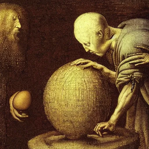 Image similar to Pensive Wizard Examining Eggs, by Leonardo da Vinci.