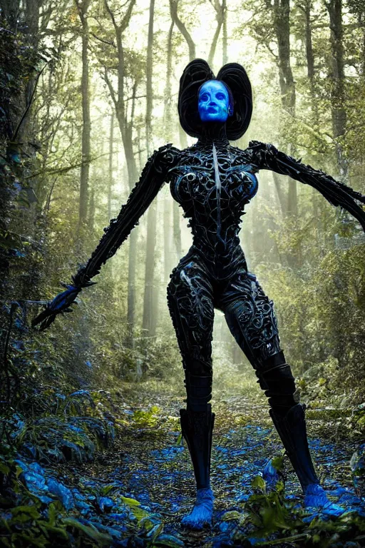 Prompt: neo-gothic very beautiful black woman, highly detailed exoskeleton armor in a forest, sun behind her, concept art brad kunkle elson peter, dramatic blue light low angle hd 8k sharp focus