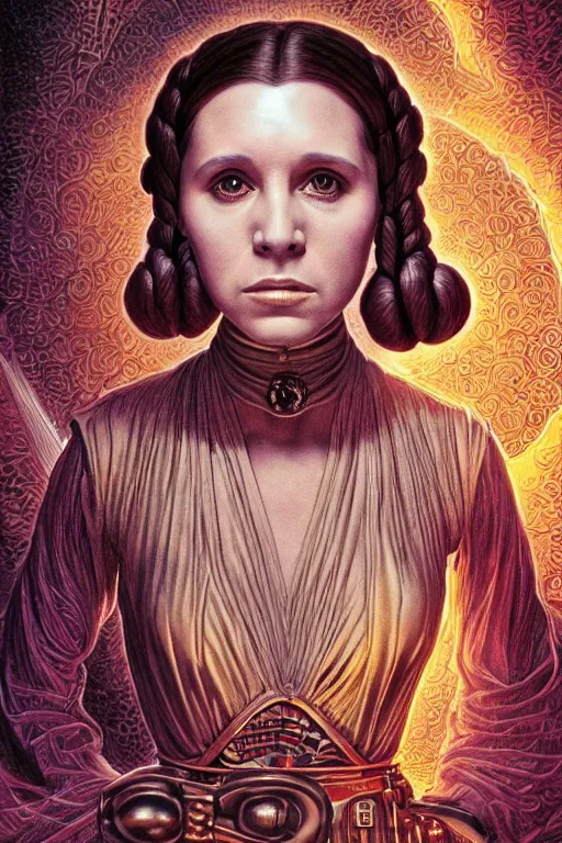 Prompt: highly detailed portrait of young princess leia organa by alex grey, patrick woodroffe, mark ryden created by gustave dore and greg rutkowski, high detailed, smooth draw, synthwave neon retro, intricate, realistic proportions, dramatic lighting, trending on artstation
