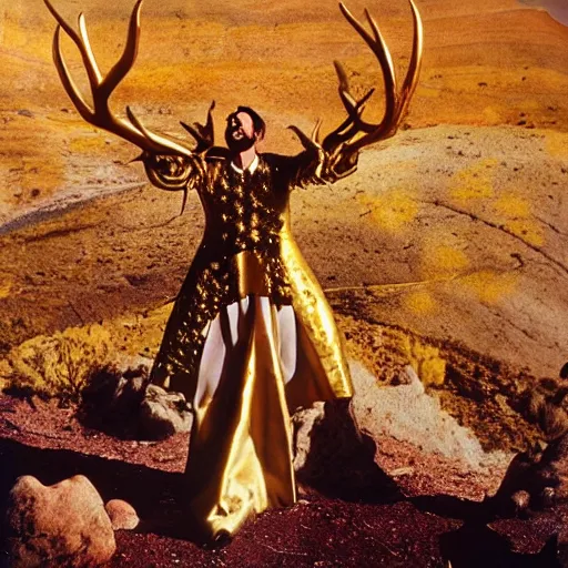 Image similar to salvador dali wearing a golden costume with jewels and antlers, in a dry rocky desert landscape, visible sky and sunny atmosphere, film still from the movie by alejandro jodorowsky with cinematogrophy of christopher doyle and art direction by hans giger, anamorphic lens, kodakchrome, very detailed photo, 8 k