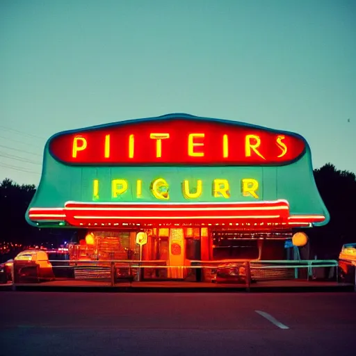 Image similar to photograph of a 1 9 5 0 s drive - in diner at night, neon - lights, googie architecture, americana