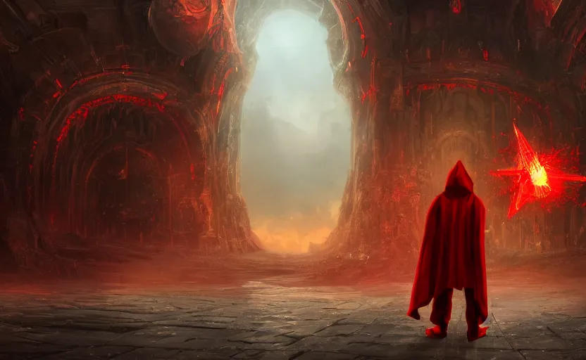 Image similar to red hooded mage, holding a golden bell, standing in front of an enormous arcane gate to another realm, mindblowing, concept art, matte, illustration, ominous, magical, dnd, 4 k uhd, very detailed