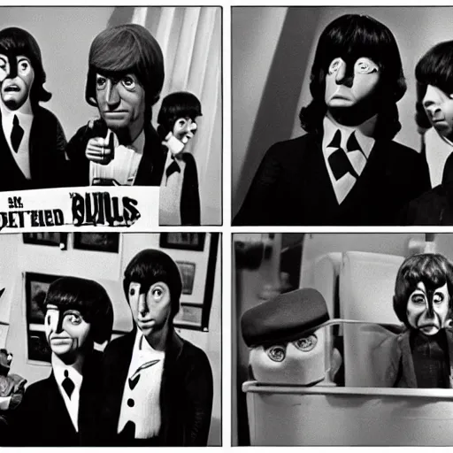 Prompt: stills from puppets movie by gerry anderson aboutt the beatles, vintage film, 1 9 6 0 s