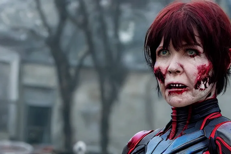 Image similar to film still of zombie zombie Hope Van Dyne The Wasp as a zombie in new avengers movie, 4k