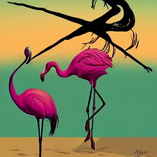 Prompt: A surreal comic noir illustration containing Penelope Cruz and Flamingos in a desert beach oasis by Salvador Dali, dark vibes, high contrast, pastel lighting, cinematic, depth of field, 8k